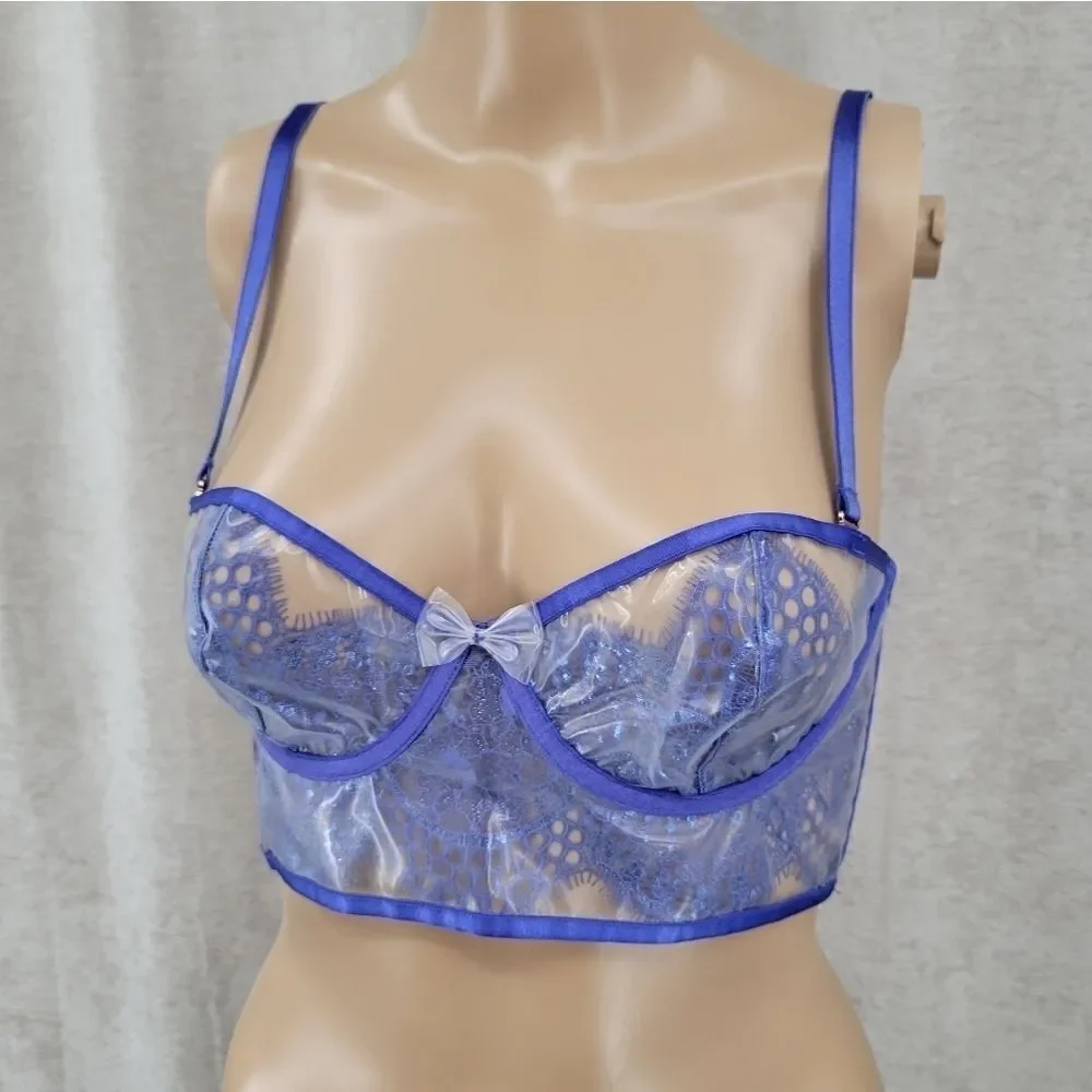 SAVAGE X Royal Blue Bra with Vinyl Cups Lace Bralet Corset Top Women's Small